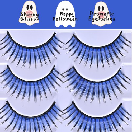 MayIFindYou Halloween Glitter Lashes,Dramatic False Eyelashes with Shinny Glitter Faux Mink Eyelashes for Festivals Parties Strip Lashes Pack 5 Pairs (C6-Blue & Black)
