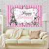 Paris Happy Birthday Backdrop Eiffel Tower Photography Background Paris Party Decorations Sweet Pink Stripes Birthday Party Supplies Party in Paris Dessert Table Decorations, 5.9 x 3.6 ft
