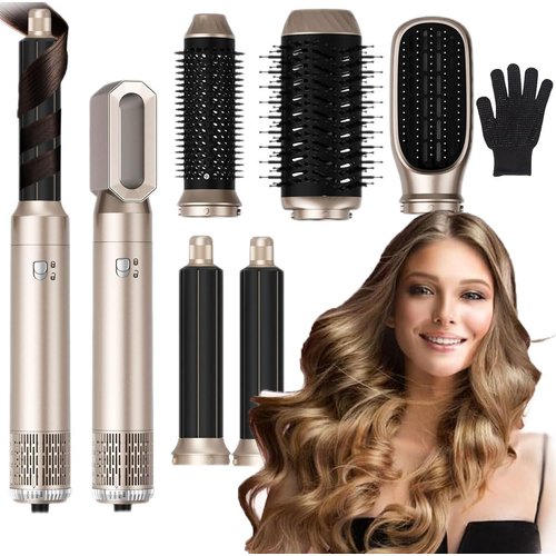 Hair Dryer Brush 6 in 1 Hot Air Styler and Rotating Hair Dryer, Negative Ionic, Ceramic Coating, Auto Absorption Curling Iron, Volumizer, Massage Brush, for All Hair Types (Gold)