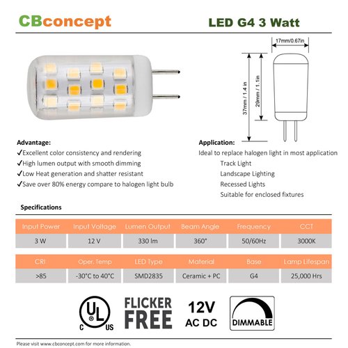 CBconcept UL Listed, G4 LED Light Bulb, 5 Pack, 3 Watt, Dimmable, 330 Lumen, Warm White 3000K, 360 Degree Beam Angle, 12 Volt, 35W Equivalent, JC Bipin G4 Halogen Replacement Bulb