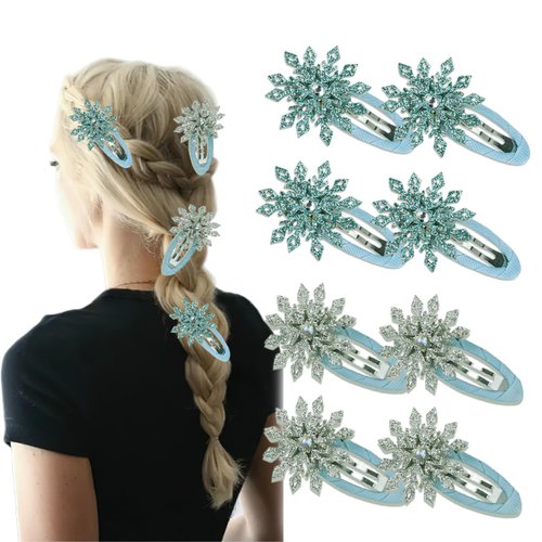 8 Pcs Christmas Snowflake Blue Sliver Hair Clips Glitter Princess Hair Accessories Snow Flake Hair Barrettes Hairpins for Women Girls Christmas Party Gifts