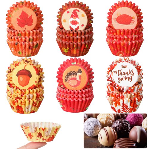 600 Pcs Thanksgiving Cupcake Liner Turkey Maple Leaves Mini Cupcake Liner Baking Supplies Fall Cupcake Liners Candy Cups Paper for Home Autumn Themed Liners Party Supplies, 6 Styles (Pumpkin)