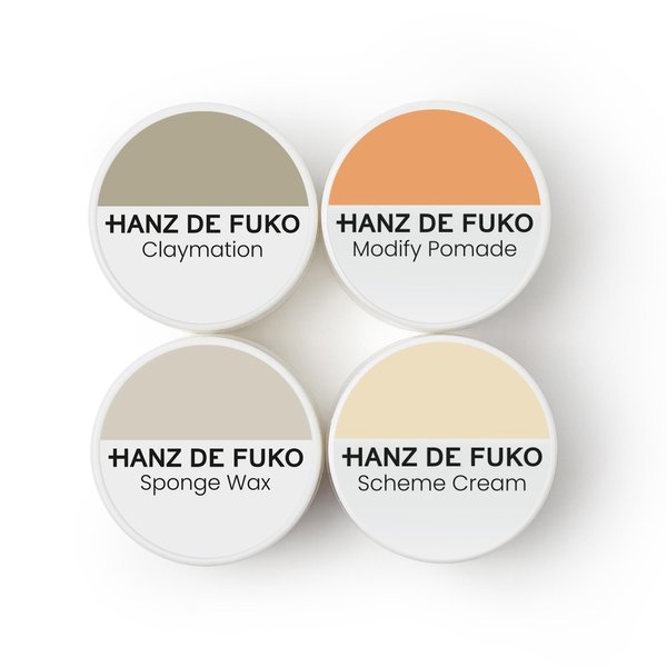 Hanz de Fuko Deluxe Hair Care Kit – Super Styling Sampler Featuring Claymation, Sponge Wax, Modify Pomade, Scheme Cream – 4 pack, 0.25oz each