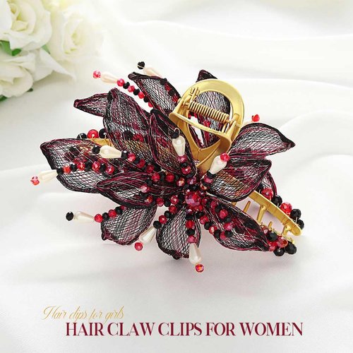 BARTOSI Flower Hair Claw Clips Gold Handmade Copper Wire Floral Hair Clip Rhinestone Beaded Claw Clips Thick Hair Hair Accessories for Women