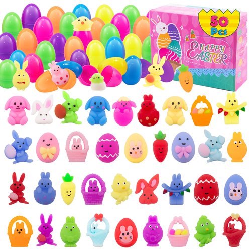 KASU 50 Pcs Prefilled Easter Eggs with Mochi Squishy Toys Premium for Easter Theme Party Favor, Eggs Hunt, Basket Stuffers/Fillers, Classroom Prize Supplies