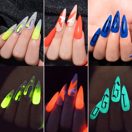 MTSSII Glow in the Dark Gel Nail Polish, 6 Colors Neon Luminous Gel Polish Set, Fluorescent Bright Colors Hot Pink Neon Yellow Green Blue Orange Purple Soak Off UV Nail Polish Kit for Christmas