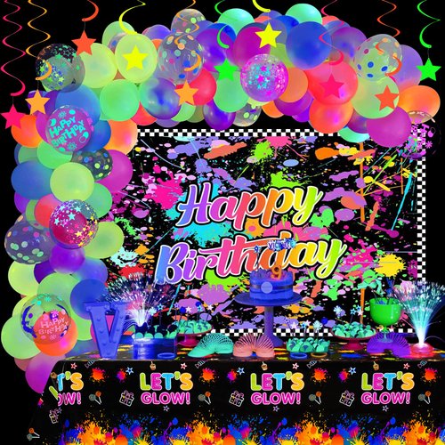 Winrayk Glow in the Dark Neon Birthday Party Decorations, Neon Balloon Arch Kit with Backdrop Tablecloth Hanging Swirl UV Neon Balloon, 130Pcs Adult Teen Kid Girls Boys Glow in the Dark Party Supplies
