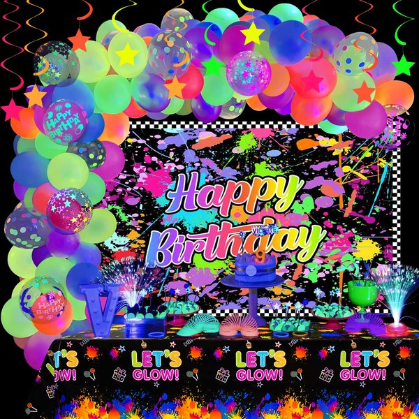 Winrayk Glow in the Dark Neon Birthday Party Decorations, Neon Balloon Arch Kit with Backdrop Tablecloth Hanging Swirl UV Neon Balloon, 130Pcs Adult Teen Kid Girls Boys Glow in the Dark Party Supplies
