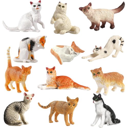 SNDAUPDAY 12PCS Mini Cat Figurines Toy Set, Plastic Cat Figures Playset, Hand Painted Realistic Kitten Toys, Cake Toppers Easter Eggs Christmas Birthday Gift for Kids Toddlers