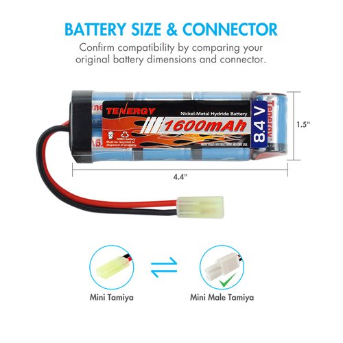 Tenergy 2 Pack 8.4V NiMH Airsoft Flat Battery Pack with Mini Tamiya Connector High Capacity 1600mAh Batteries for Airsoft Guns MP5, Scar, M249, M240B, M60, G36, M14, RPK, PKM