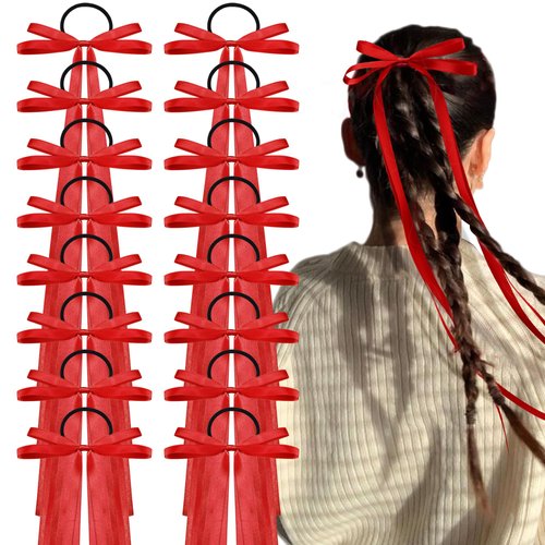 16Pcs Silk Ribbon Hair Bands for Women's Hair, 14IN Long Red Bow Silk Hair Ties, Satin Ponytail Holders for Thick Hair