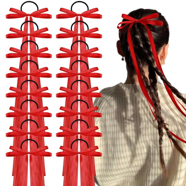 16Pcs Silk Ribbon Hair Bands for Women's Hair, 14IN Long Red Bow Silk Hair Ties, Satin Ponytail Holders for Thick Hair
