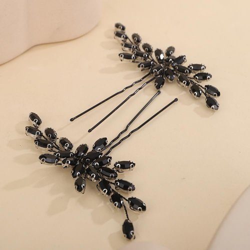 Rumtock 2pcs Black Crystal Beads Hair Pins Wedding Bridal Hair Piece Handmade Sparkle Hair Jewelry for Special Occasion (Black)
