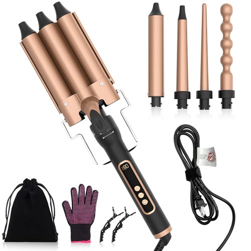 Curling Iron, 5 in1 Curling Iron Set with 4 Interchangeable Barrels, 3 Barrel Hair Crimper, 28 TEM Adjustments Digital Display, Curling Wand for Long Hair, Include Heat Protective Glove &, 2 Clips