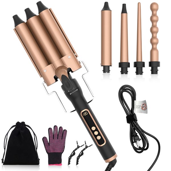 Curling Iron, 5 in1 Curling Iron Set with 4 Interchangeable Barrels, 3 Barrel Hair Crimper, 28 TEM Adjustments Digital Display, Curling Wand for Long Hair, Include Heat Protective Glove &, 2 Clips