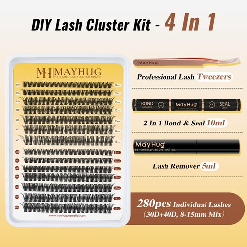 Mayhug DIY Lash Extensions Kit Individual Lashes Kit Lashes Wispy Natural 280pcs DIY Lash Extension Kit Wispy Lashes D Curl 8-15Mix Lash Clusters with Bond Seal Remover Tweezers(30D+40D Kit-4Pack)