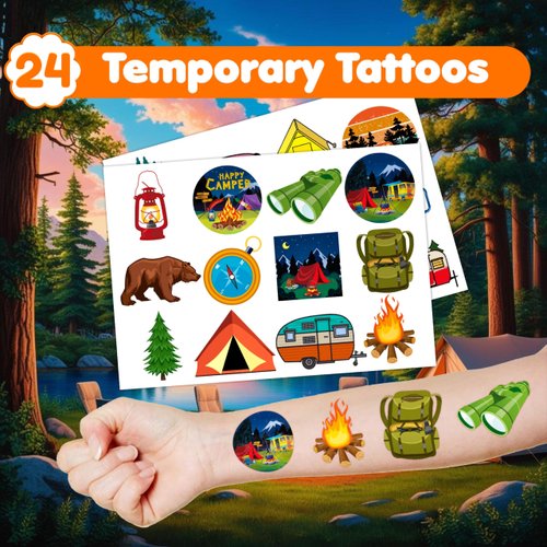 INKSOMOBA 36PCS Camping Party Favors 24 Tattoos Sticker 12 Stamp Set - Ideal Themed Birthday Card Decorations Supplies Goodie Bag Cute Rewards for Girls Classroom Gifts Baby Shower Prizes