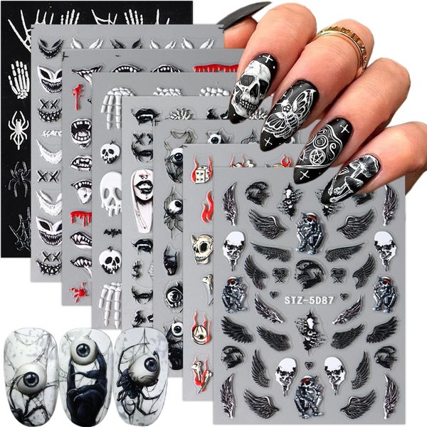 5D Halloween Nail Art Sticker Embossed Horror Ghost Nail Decals Flame Skull Self-Adhesive Nail Sticker Spider Web Bat Evil Eye Nail Design Stickers Scary Skeleton Devil Nail Supplies for Women 8Sheets