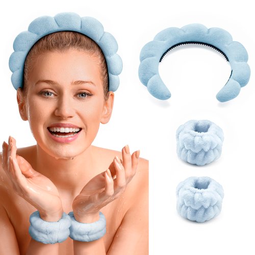 ERHIRY Spa Headband for Washing Face, Makeup Headband and Wristband Set, Non Slip Headband Washing Face, Terry Cloth Face Wash Headband for Women Girl, Sponge Puffy Bubble Skincare Headband (Blue)