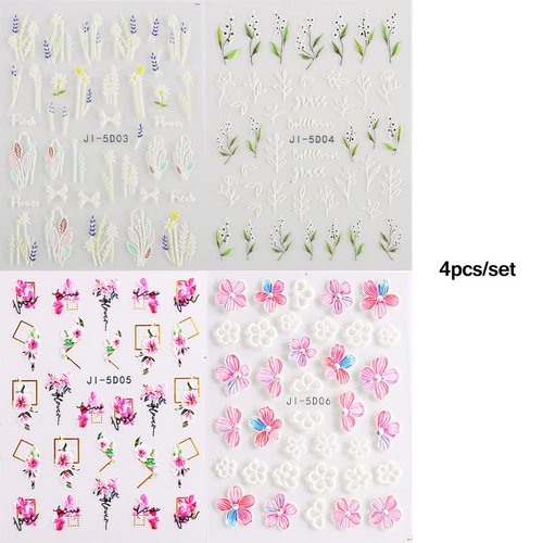 5D Flowers Nail Art Stickers 4 Sheets Pink Flowers Geometric Lines Decor Acrylic Embossed Sliders Gold Strips Nail Decals Acrylic Flowers Nails Charms Cherry Blossom Manicure Accessories