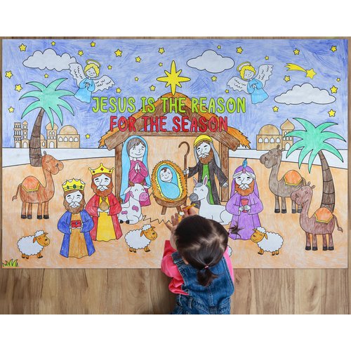 D24TIME Giant Nativity Scene Christmas Coloring Poster 35.5"x54" Kids Xmas Big Jumbo Nativity tablecloth Coloring Pages Religious Table Cover for Kid Christmas Activities Home Classroom Party Supplies