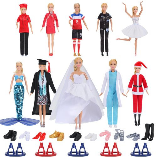 51 Pcs Doll Clothes and Accessories ,10 Sets Career Fashion Doll Clothing(36 Pcs) 10 Pairs of Shoes 5 Doll Displays.for 11.5 inch Doll.(Dolls Not Included)