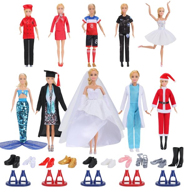 51 Pcs Doll Clothes and Accessories ,10 Sets Career Fashion Doll Clothing(36 Pcs) 10 Pairs of Shoes 5 Doll Displays.for 11.5 inch Doll.(Dolls Not Included)