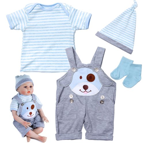 Reborn Baby Doll Clothes 20-22 inch Cute Dog Design Suspender Trousers 3-Pieces Set fit Reborn Dolls Boy Newborn Dolls Clothes