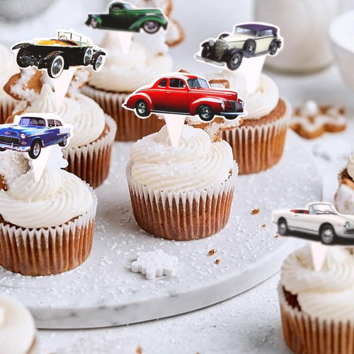 Classic Cars 36 pcs Cupcake Toppers, 1950's Convertible Vintage Car Theme Party Supplies Favors,Cake Picks For Birthday Anniversary Wedding Engagement Party Decorations