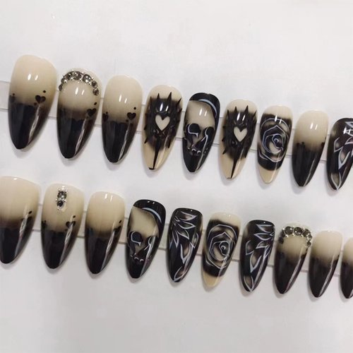 Halloween Press on Nails Long Almond Fake Nails Goth Skull Black Rose False Nails with Design Rhinestone Acrylic Glue on Nails Glossy Full Cover Stiletto Artificial Stick on Nails for Women Manicure