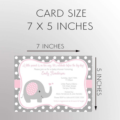 Elephant Baby Shower Invitations Pink Purple Gray Girl Polka Dots Invites Customized Personalized Printed Cards (12 Count)