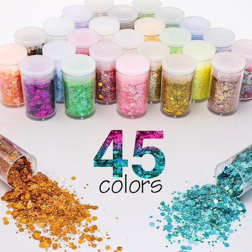 Chunky and Fine Glitter Mix, Estanoite 45 Holographic Chunky Sequins & Fine Powder Mix, Iridescent Glitter Flakes, Cosmetic Makeup Glitter for Face Body Eye Nail Art, Loose Glitter for Resin Epoxy