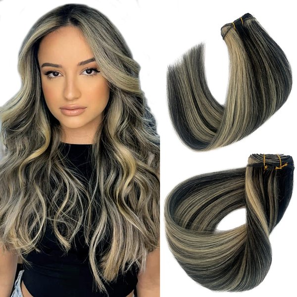 Sew in Hair Extensions Real Human Hair Black and Blonde Weft Hair Extensions Human Hair Natural Straight Hair Weave Bundles Black Hair with Blonde Highlights Sew in for Women 12 Inch 80G