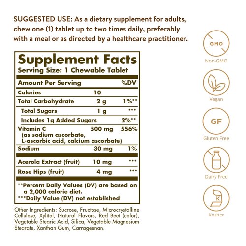 Solgar Vitamin C 500 mg Chewable Tablets, Cran Raspberry Flavor - 90 Count - Antioxidant & Immune Support - Supports Healthy Skin & Joints - Non-GMO, Vegan, Gluten Free, Kosher - 90 Servings