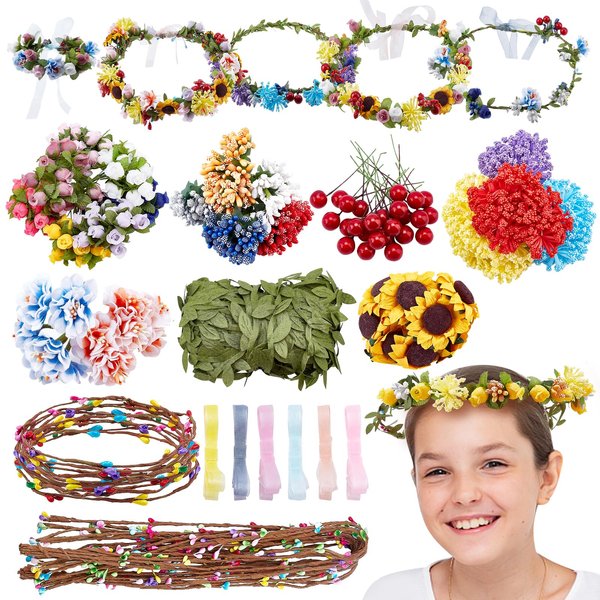 INFUNLY 20 Set DIY Flower Crowns Making Kit Handmade Floral Crown Garland Kit Make Your Own Flower Wreath Hair Accessories Gift for Women
