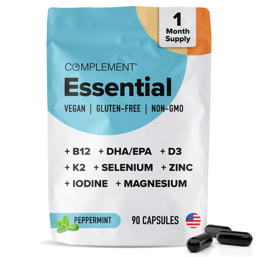 Complement 1 Month Supply Vegan Multivitamins for Women & Men (90 Capsules) Omega 3 DHA+EPA, Vitamin B12, Vitamin D3 K2, Zinc, Selenium, Magnesium, Iodine Supplement- Made in USA, 30 Servings