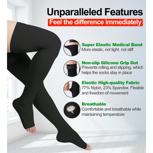 Thigh High Compression Stockings, Open Toe, Pair, Firm Support 20-30mmHg Gradient Compression Socks with Silicone Band, Unisex, Opaque, Best for Spider & Varicose Veins, Edema, Swelling, Black M