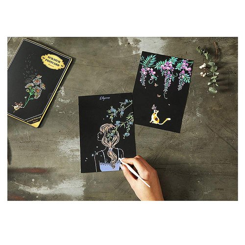 Scratch Art Paper, Rainbow Night View Scratchboard for Adults & Kids, Mini Envelope Postcard Art & Crafts Set: 8 Sheets Scratch Cards & Scratch Drawing Pen, Brush 7.9"x5.5" (Artistic Girl & Animal)