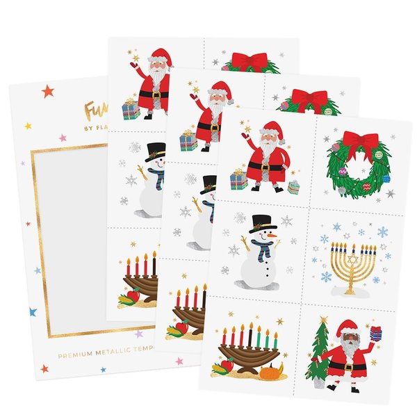 Flash Tattoos kids HOLIDAY CRAFTERNOON temporary tattoo pack | 18 Kids tattoos | Holiday Party Supplies | Holiday sticker, Santa, Wreath, Snowman, Menorah, Kwanzaa