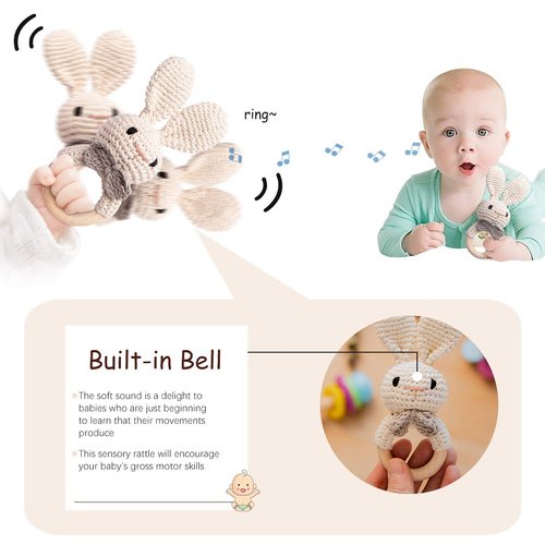 Wooden Baby Rattle Toys 5 PCS Rattle Set for Babies 0-6-12 Months Bunny Crochet Rattle Ring with Gift Box Wooden Montessori Toy for Newborn Infant Baby