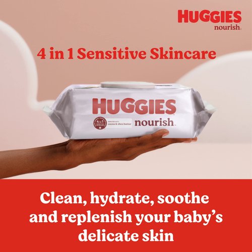 Huggies Nourish Baby Diaper Wipes, Scented Baby Wipes, 2 Push Button Packs (112 Wipes Total)