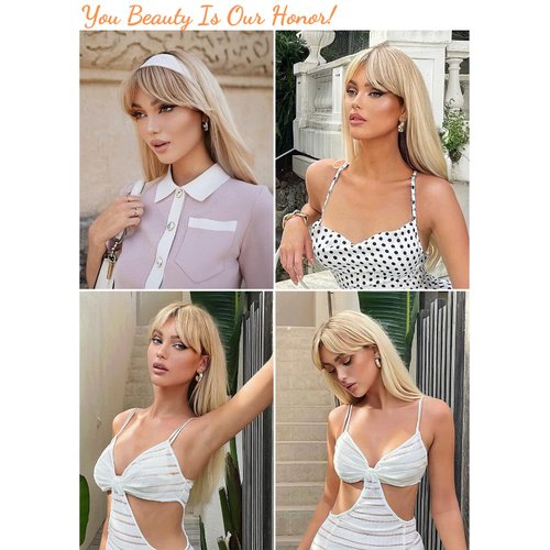 Honygebia Long Blonde Wig with Bangs - Ombre Dark Root Blonde Wigs for White Women, Striaght Wavy Synthetic Heat Resistant Hair, Natural Cute Wigs for Thanksgiving/Christmas/Cosplay/Party