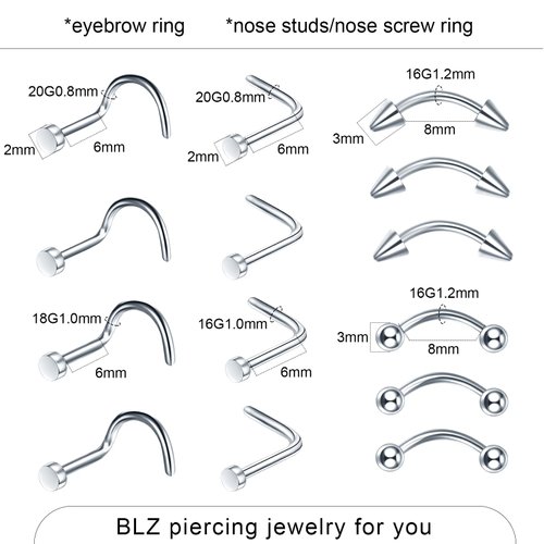 BLZ 90PCS Mixed-pack Piercing Kit Stainless Steel 14G 16G 18G 20G Piercing Needle with Nose Septum Lip Tongue Tragus Cartilage Daith Eyebrow Belly Button Rings Retainer Piercing Jewelry silver