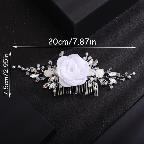 BERYUAN White Rose Flower Wedding Hair Comb Ab Color Rhinestone Pearls Wedding Hair Side Comb Handmade Rose Flower Bridal Headpiece for Women Girls (white)