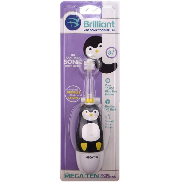 Brilliant Kids Sonic Toothbrush Penguin With Sonic Waves And LED Light Timer For Children Age 3 And Up, Microfiber Soft Bristles, Brush Head Electric Tooth Brush, Childrens Toothbrush - 1 Count