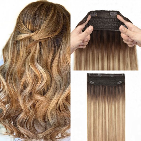 Fish Wire Hair Extensions Real Human Hair Brown to Ash Brown and Light Blonde 100g Ombre Color Hair 20 Inch Natural Straight Fish Line Wire Hair Extensions with Invisible Line Hairpiece #3/8/22