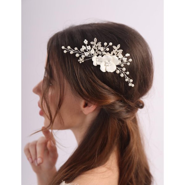 Teyglen Bride Wedding Flower Hair Comb Silver Leaf Headpiece Bridal Pearl Crystal Hair Piece Decorative Hair Accessories for Bride Dainty White Flower Side Comb for Women Girls