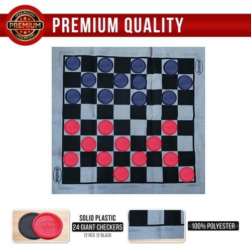 3-in-1 Vintage Giant Checkers and Tic Tac Toe Game with Reversible Mat, 24 Chips, Family Board Game & Yard Game, Lawn Game, BBQ Party Favor, Indoor and Outdoor Activity for Family