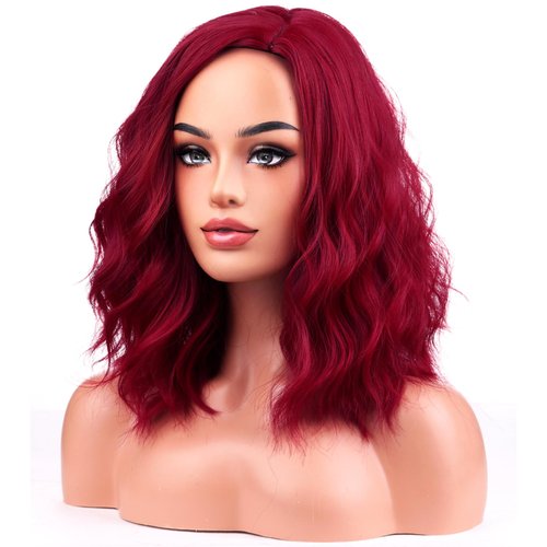 BERON Wine Red Wigs for Women Short Curly Wavy Wig Girls Burgundy Color Body 14 Inch Heat Resistant Synthetic Hair Wig for Cosplay Party or Daily Used