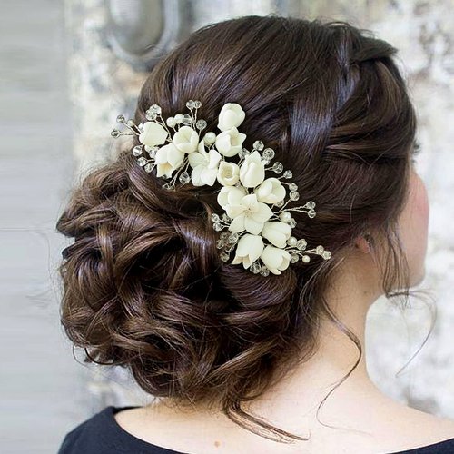 Sooshin Porcelain Flower Bridal Hair Comb Pearl Wedding Hair Accessories for Brides Crystal Wedding Headpiece for Bride and Bridesmaids Rhinestone Hair Accessory for Women and Girls (silver)